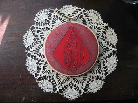 Pink & Red & Lace Hand Embroidered Vagina by Scarlet Tentacle