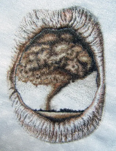 Kate Kretz - Oubliette II, 2008, human hair embroidery on found linen doily, hand-dyed velvet, convex glass, frame, 9 x 9", 13 x 13" framed.