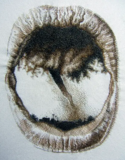 Kate Kretz - Oubliette I, 2006, human hair embroidery on cotton, convex glass, frame