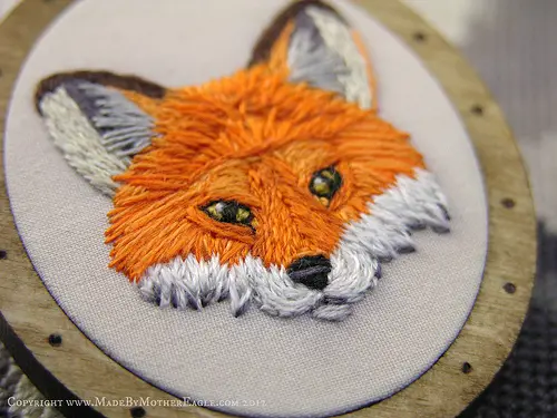 The Midwinter Fox Pendant, hand embroidery and birch wood by MotherEagle, on Flickr