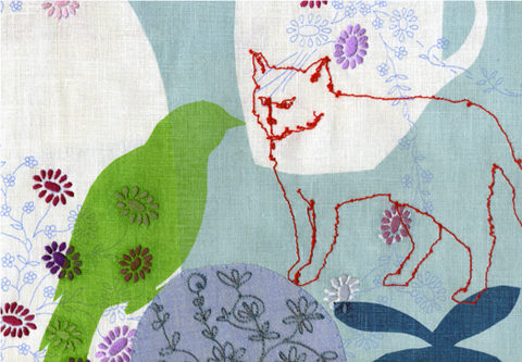 Maxine Sutton - Hey Cat - embroidered textile artwork