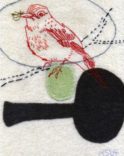 Maxine Sutton - Little Red Bird - embroidered textile artwork