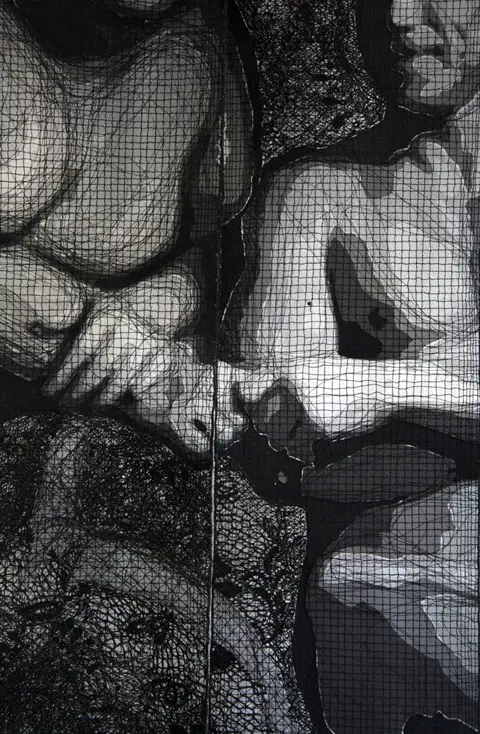Pierre Fouche - Fred & Denis (2011). Domestic sewing machine embroidered lace in six panels. 1660 x 1380mm. Detail