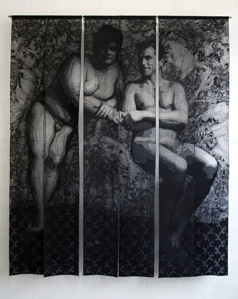 Pierre Fouche - Fred & Denis (2011). Domestic sewing machine embroidered lace in six panels. 1660 x 1380mm