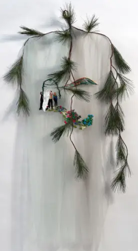 Our Path, 2011, Embroidery Thread, Fabric, Artificial Evergreen Branch, Approx. 66 x 42 x 9 in