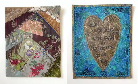On left: crazy quilt using metallic and silk threads. On right: machine embroidered <a class=