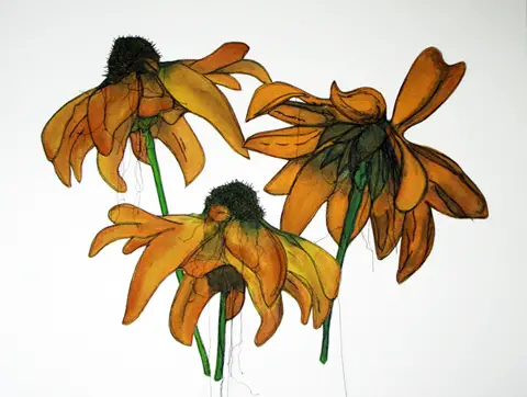 Linda Calverley - Echinacea - Handpainted Echinacea On Fabric, Machine Stitched, Applique