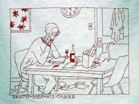 Mary Mazziotti - A Day In The Life of Death - Death Does His Taxes - hand embroidery