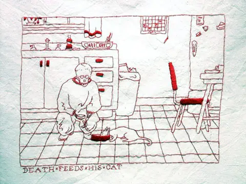Mary Mazziotti - A Day In The Life of Death - Death Feeds His Cat - hand embroidery