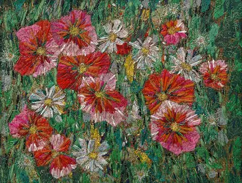 Richard Box - Poppies and Daisies - Fabric Collage with Machine and Hand Embroidery