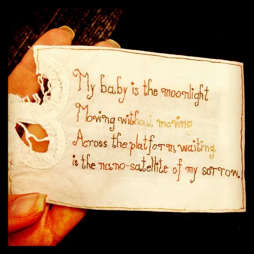 Iviva Olenick - My Baby Is The Moonlight - Hand Embroidery from the #BrooklynTweets embroidery slam, 2013
