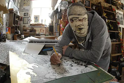 William Schaff in his studio. Masked. 2013.