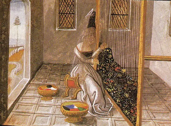 Illustration of a weaver from Christine de Pisan, c1475. There is a lot of artistic licence in this picture but it does show the upright loom and weaving in progress.  