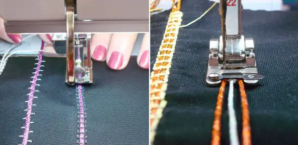A couching foot holds the thicker thread while you tack it down with stitches.