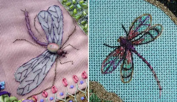 Use metallic threads to stitch on top of fabric or other stitches to create veins on bugs' wings.