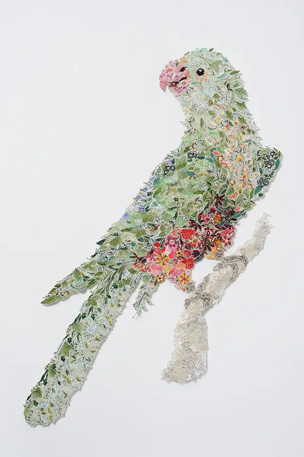 ‘Queen Billie 2010 – after Sarah Stone 1790’ Reclaimed needlework, lace pins, nylon tulle 127 x 95cm