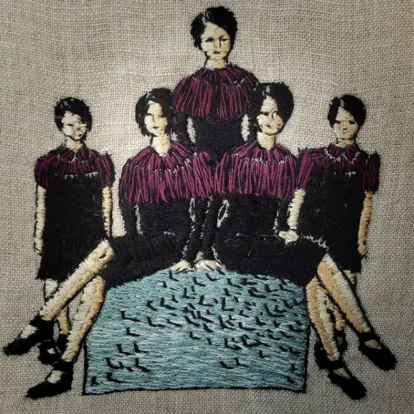 "A flock of starlings," 4 x 4 inch hand embroidery on linen.