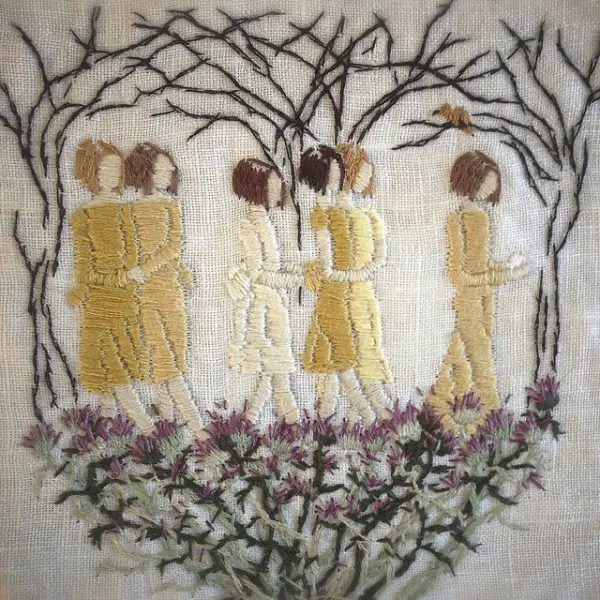 "even nightingales cannot live on fairytales," 5 x 5 inch hand embroidery on linen.