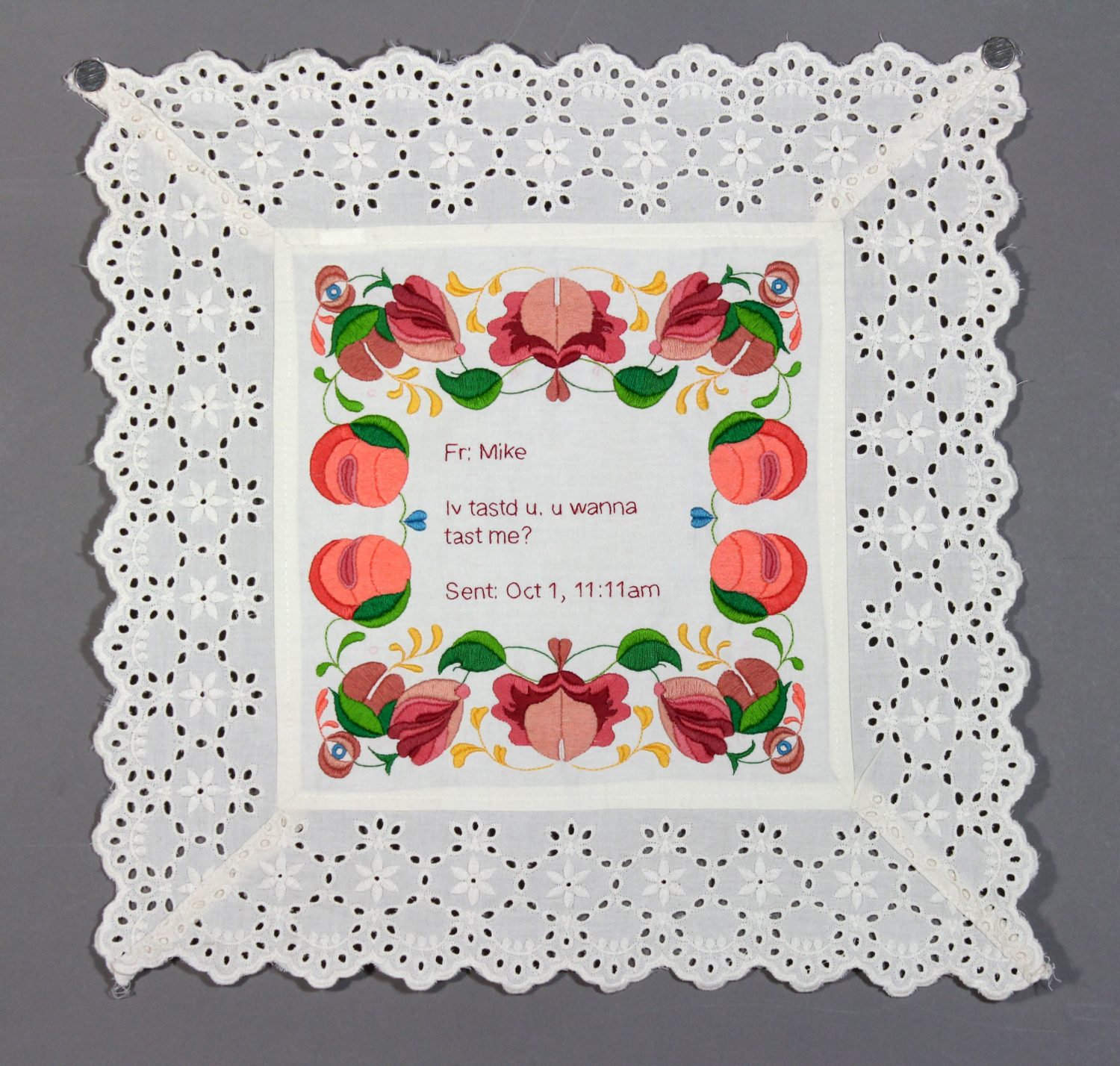 Kathyrn Shinko - Dirty Sampler Series - iv tastd u - hand embroidery on cloth (2014)