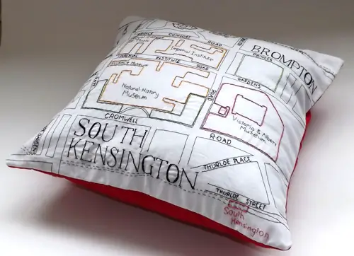 South Kensington Map Cushion by Alex Hughes (Hand and machine embroidery)