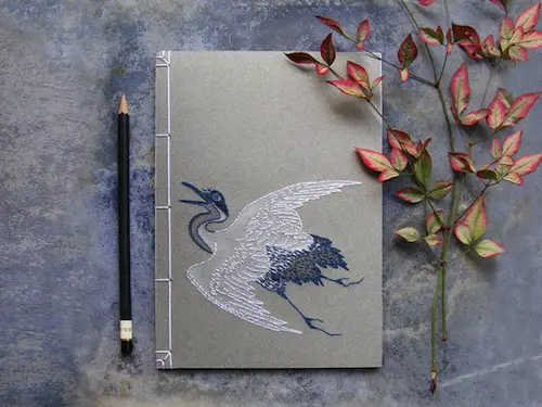 Japanese Crane Notebook by Fabulous Cat Papers (Hand embroidery)