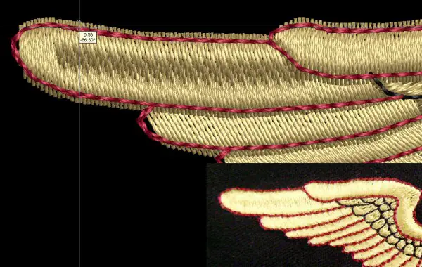 Pull compensation is explained through showing the extra width of a satin stitch intended to match a straight stitch outline on an embroidered wing.