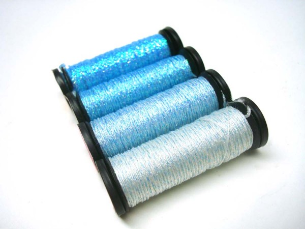 These bubble blue colors add a subtle shimmer to designs. Good water colors, baby themed designs, and blending with other colors. They come in Kreinik Braids and Ribbons.