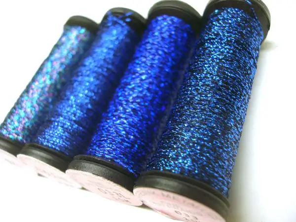 These shades of cobalt and royal are from Kreinik's Braid and Ribbon thread lines.