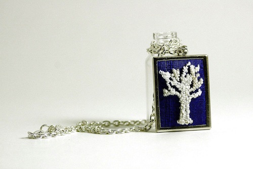 White Winter Tree Silhouette Necklace by Harp and Thistle (Punchneedle embroidery)