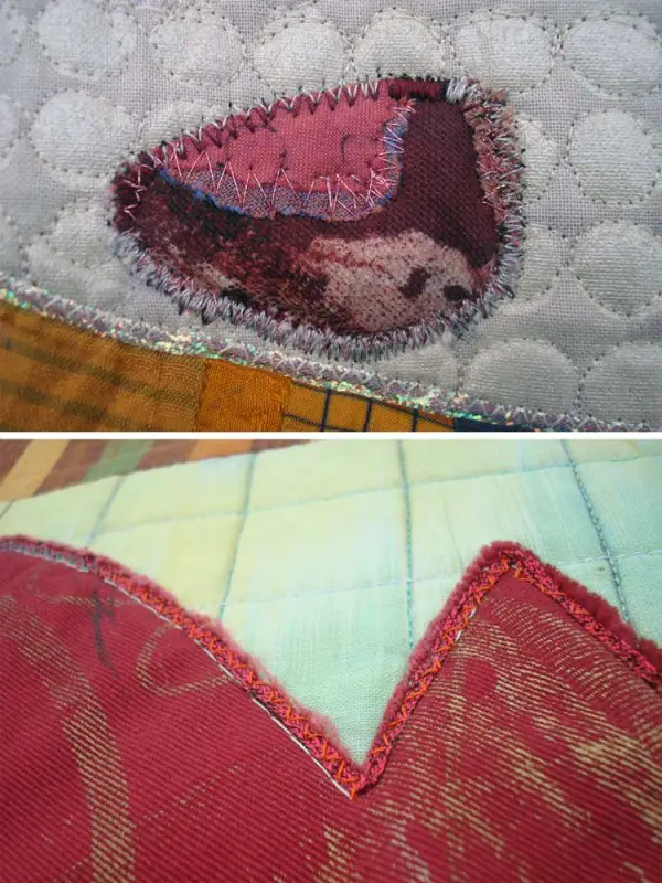 These photos show some fun ways to edge your quilt applique, using various stitches and threads. (Kreinik metallics)