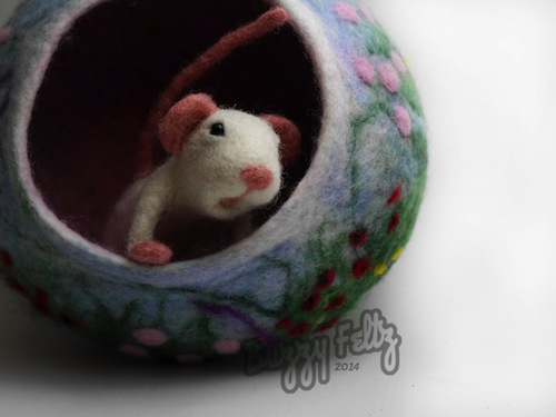 White Mouse and Flower Bowl by Buzzy Feltz (Needle Felt)