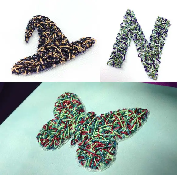 Designs from three different string art kits from Kreinik Manufacturing Company, using metallic and glow-in-the-dark threads.