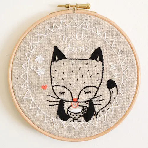 'Milk Time Kitty Cat' Hoop Art by Doalittledance (Hand Embroidery)