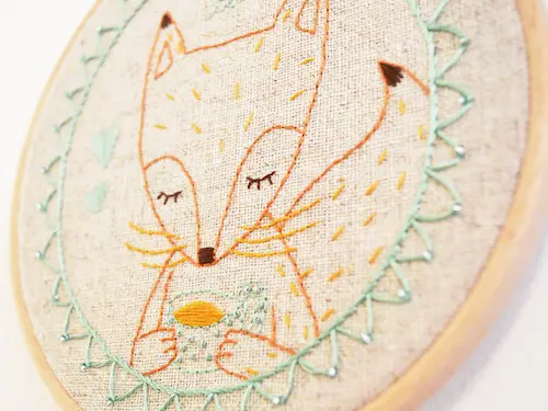 'Tea Time Fox' Hoop Art (detail) by Doalittledance (Hand Embroidery)