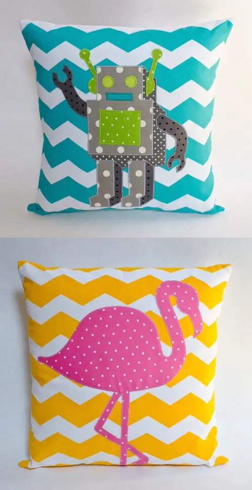 Robot and Flamingo Cushions by Minimanna (Machine Embroidery)