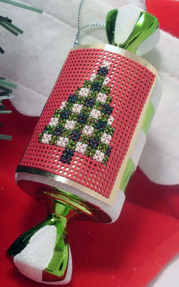 Transform a plain dollar-store ornament with a stitched square