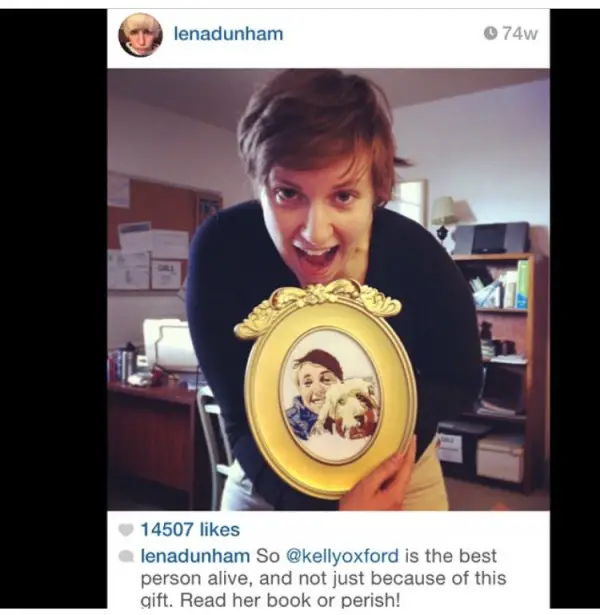 Lena Dunham. Selfie with Amy Sheridan embroidered portrait.