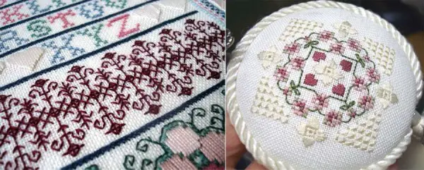 The design on the left is a sampler by Barbara Rakosnik using Kreinik silk threads. The design on the right is a free pattern on the Kreinik website (http://www.kreinik.com/shops/Floral-Medallion.html)