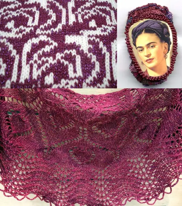 The brooch at top right was created by Gwen Blakely Kinsler with Kreinik silk threads. The shawl at the bottom is by Nazanin Fard using Kreinik Twist.