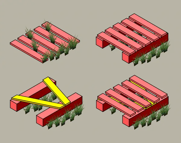 Isometric Boardwalk Underlay Example - this shows how underlayment in embroidery serves as a structure to lift top stitching above the surface and texture of the ground.