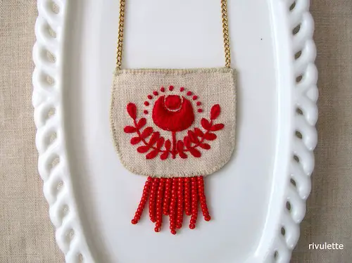Red Folk Art Necklace by Rivulette (Hand Embroidery)