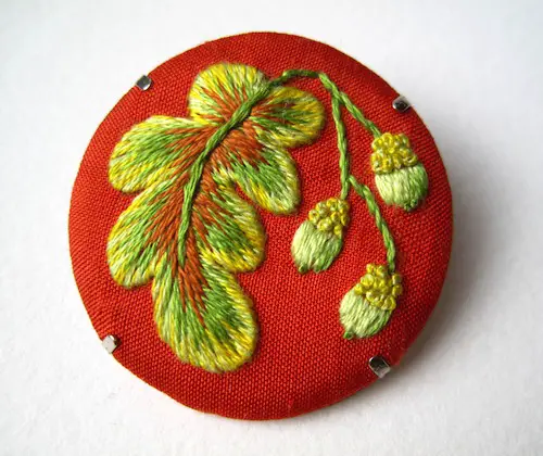 Oak Leaf and Acorns Brooch by Marg Dier Embroidery (Hand Embroidery)