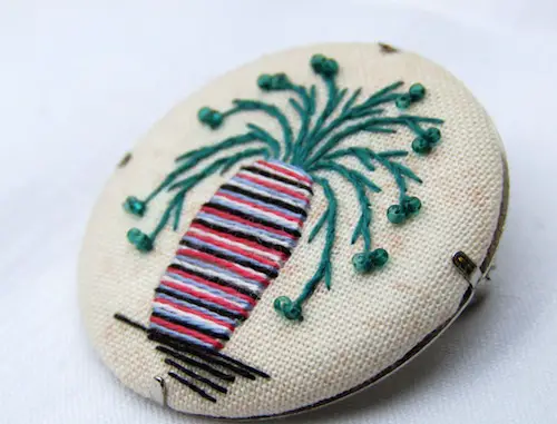 Striped Art Deco Vase and Beaded Flower Brooch by Marg Dier Embroidery (Hand Embroidery)
