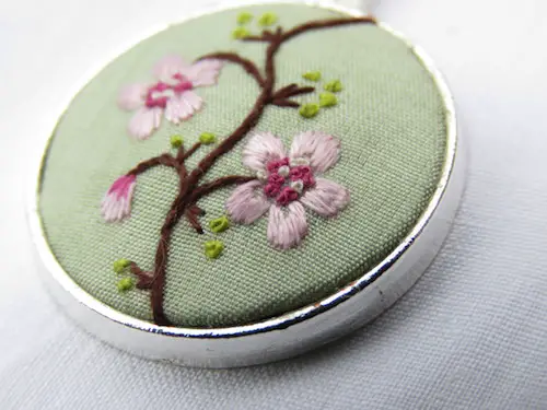 Cherry Blossom Branch Pendant by Marg Dier Embroidery (Hand Embroidery)