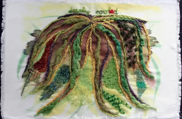 Deeply Rooted, painted silk, hand embroidery, wool felt. Claudia Jaeggi Nessler, 2014