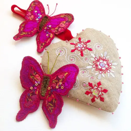 Butterfly Brooches and Heart Decorations by Heather Everitt Embroidery (Machine Embroidery)