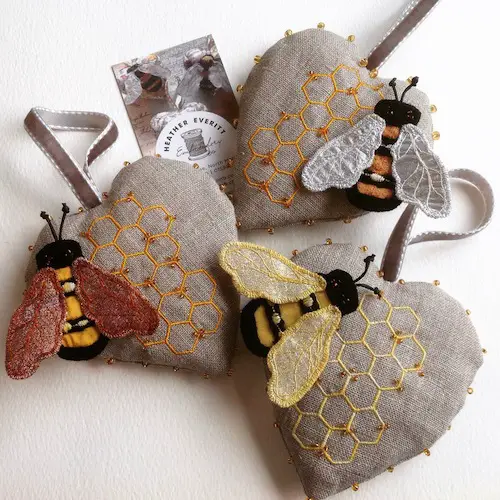 Bee Brooch and Heart Decoration by Heather Everitt Embroidery (Machine Embroidery)