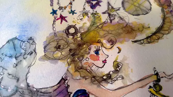 Watercolour-and-ink illustration development for 'She reaches for the stars' bra piece, by Ailish Henderson