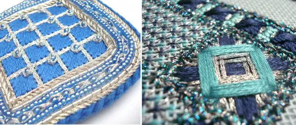 These two designs from the Kreinik museum show silver Japan Threads in Braid and Ribbon versions used with silk threads. Notice the visual effect of a shiny thread next to a silk thread—gorgeous. The silver complements so many colors, and looks beautiful next to silver (or clear) beads.