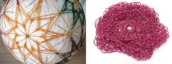 Japan Threads can be used in a variety of techniques, such as Temari (the photo on the left) and crochet (photo on the right).
